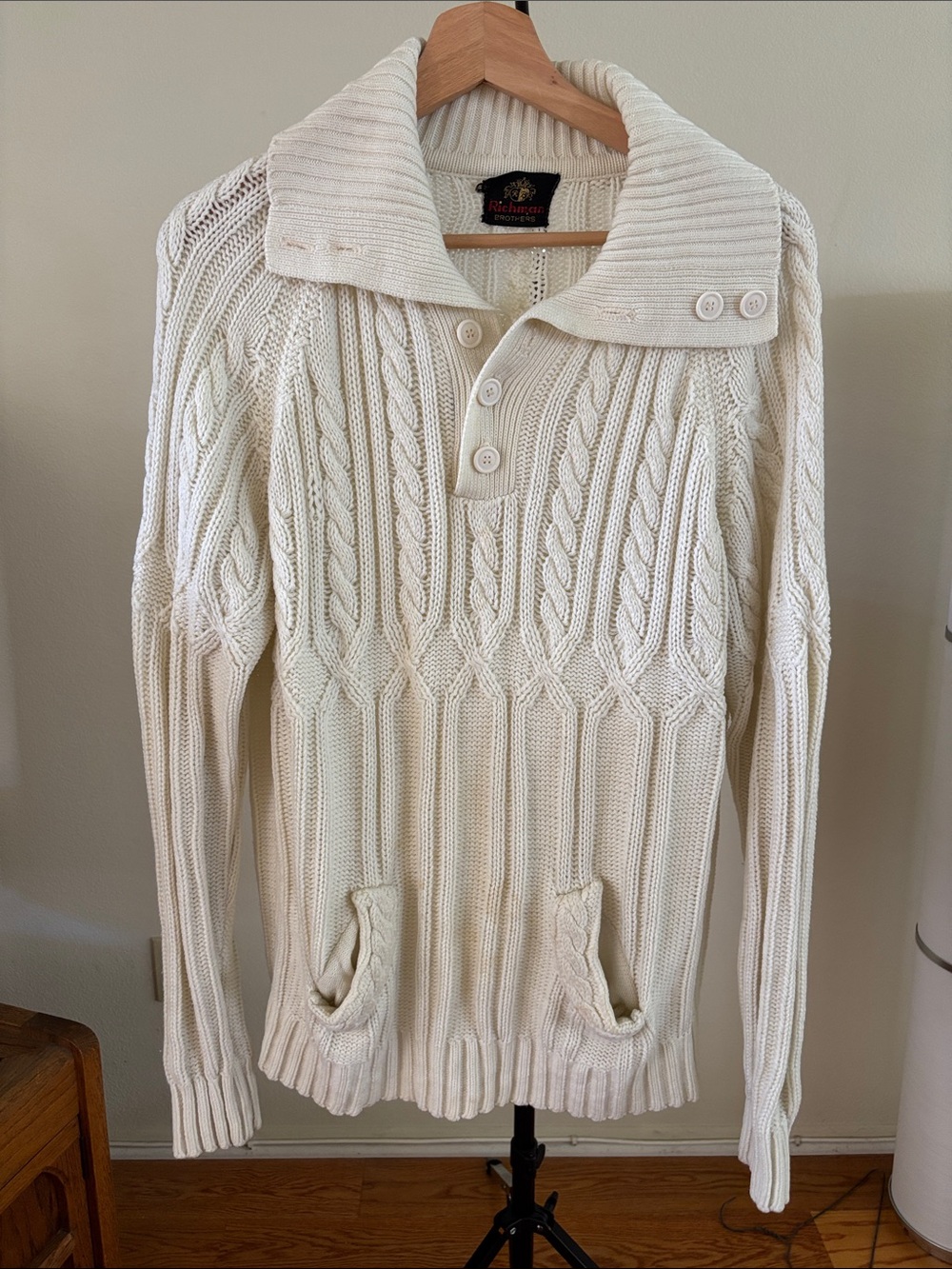 Richman Brothers Men's Shawl-Collar Cable Knit V-Neck Sweater - Cream